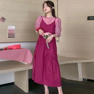 Puff-sleeve Sheer Top / Sleeveless Midi Dress