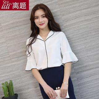 Elbow-sleeve Contrast-trim Chiffon Shirt