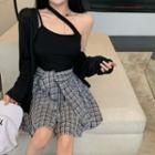 Asymmetrical Camisole Top / Cardigan / Plaid Mini A-line Skirt