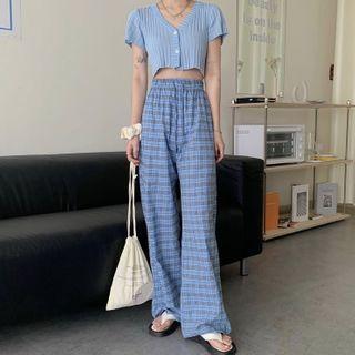 Short-sleeve Cardigan / Plaid Wide-leg Pants