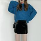 Chunky Knit Long Sweater / Faux-leather A-line Skirt