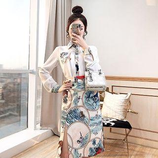 Set: Long-sleeve Paneled Shirt + Printed Midi Fitted Skirt
