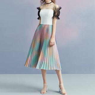 Off Shoulder Short Sleeve Pleated Midi Dress
