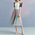 Off Shoulder Short Sleeve Pleated Midi Dress