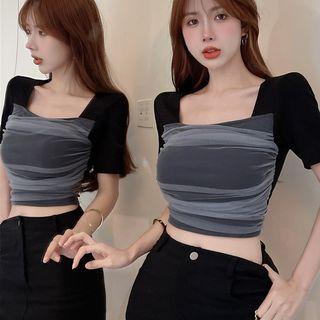Short-sleeve Mesh Panel Crop T-shirt