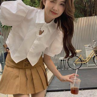 Short-sleeve Heart Cutout Crop Shirt / Lace-up Mini Pleated Skirt
