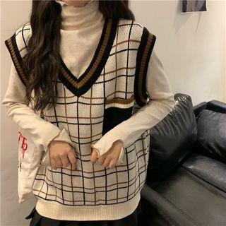 Contrast Trim Plaid Vest / Long-sleeve Mock Neck Plain T-shirt