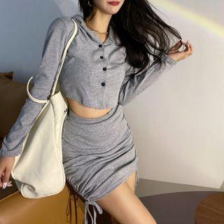 Set: Long-sleeve Cropped Hooded Top + Drawstring Skirt