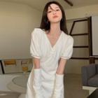Set: Puff-sleeve A-line Dress + Arm Sleeves White - One Size