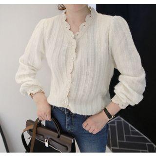Faux-pearl Button Crochet-trim Textured Cardigan