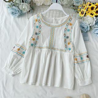 Long-sleeve Embroidered Round-neck Blouse