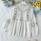 Long-sleeve Embroidered Round-neck Blouse