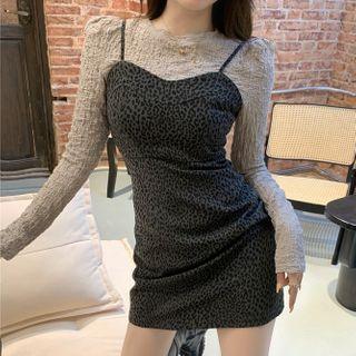 Long-sleeve Top / Spaghetti Strap Leopard Print Mini Sheath Dress
