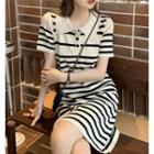 Short-sleeve Striped Knit Polo Midi Dress
