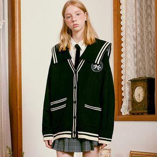Detachable Sailor-collar Cable-knit Cardigan Navy Blue - One Size