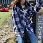 Hooded Plaid Shirt Jacket Blue - One Size