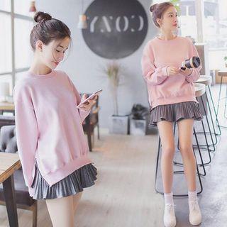 Set: Long Sleeve Plain Pullover + Pleated A-line Skirt