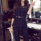 Set: 3/4-sleeve Lace Panel Denim Top + Cropped Skinny Jeans