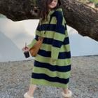 Hooded Striped Knit Midi Shift Dress Stripes - Green & Blue - One Size