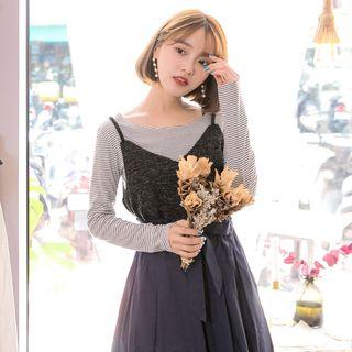 Set: Long-sleeve Striped T-shirt + Spaghetti Strap Top