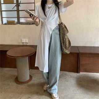 Short-sleeve Side-slit Wrap T-shirt