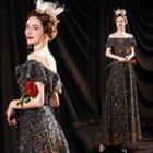 Short-sleeve Off-shoulder Embellished A-line Evening Gown