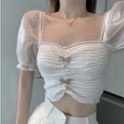 Puff-sleeve Shirred Cropped Knit Top White - One Size