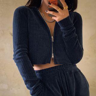 Ribbed Zip-up Cropped Velvet Hoodie