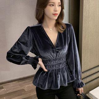 Velvet V-neck Long-sleeve Peplum Top
