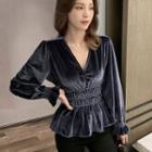Velvet V-neck Long-sleeve Peplum Top