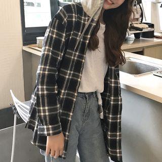 Hooded Plaid Shirt Black - One Size