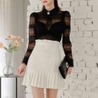 Set: Lace Long-sleeve Blouse + High-waist Pleated Skirt