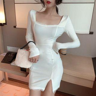 Square-neck Long-sleeve Lace Trim A-line Dress