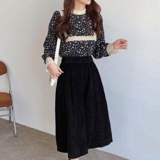 Lace Trim Floral Blouse / Corduroy Midi Skirt