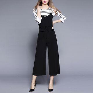 Set: Striped 3/4 Sleeve T-shirt + Pinafore Wide Leg Jumpsuit