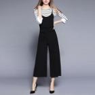 Set: Striped 3/4 Sleeve T-shirt + Pinafore Wide Leg Jumpsuit