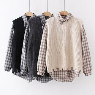 Set: Tie-neck Plaid Blouse + Sleeveless Knit Top