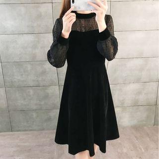 Long-sleeve Mesh Panel Midi Velvet A-line Dress