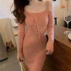 Long-sleeve Cold Shoulder Knit Midi Dress Pink - One Size