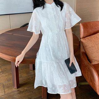 Frog-button Bell-sleeve Mini A-line Dress