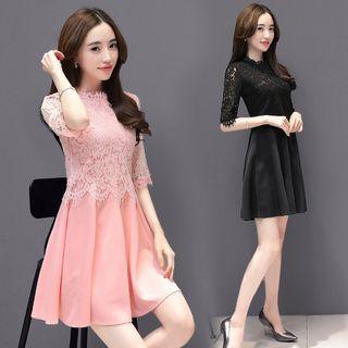 Elbow-sleeve Lace Panel Pleated A-line Dress