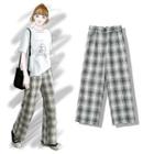 Plaid Straight-cut Pants Gray - One Size