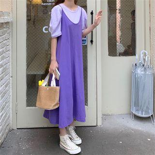 Puff-sleeve T-shirt / Spaghetti-strap Midi Dress
