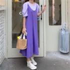 Puff-sleeve T-shirt / Spaghetti-strap Midi Dress