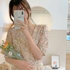 Puff-shoulder Floral Chiffon Dress Cream - One Size