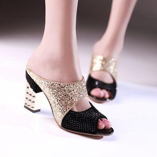 Sequined Panel Block Heel Slide Sandals