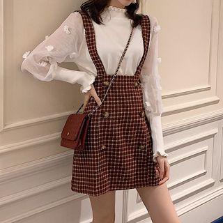 Flower Detail Lantern-sleeve Knit Top / Checked Mini Suspender Skirt