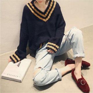 Long-sleeve V-neck Color Block Knit Sweater