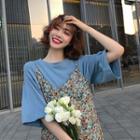 Plain Elbow-sleeve T-shirt / Printed Irregular Hem Spaghetti Strap Dress