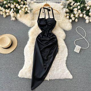 Spaghetti-strap Halter Neck Asymmetrical Midi Sheath Dress